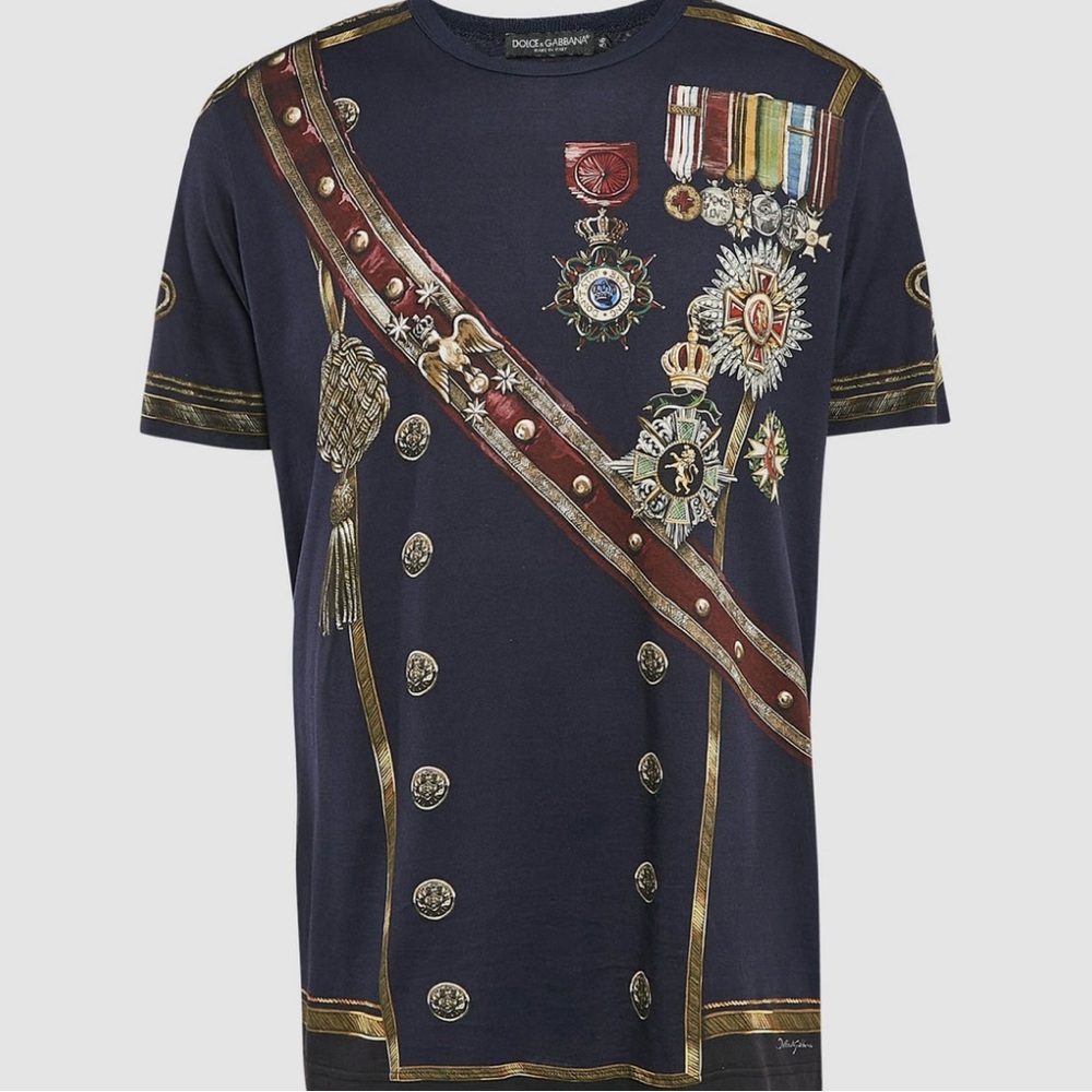 Dolce & Gabbana Blue Short Sleeve Tee with Military Design